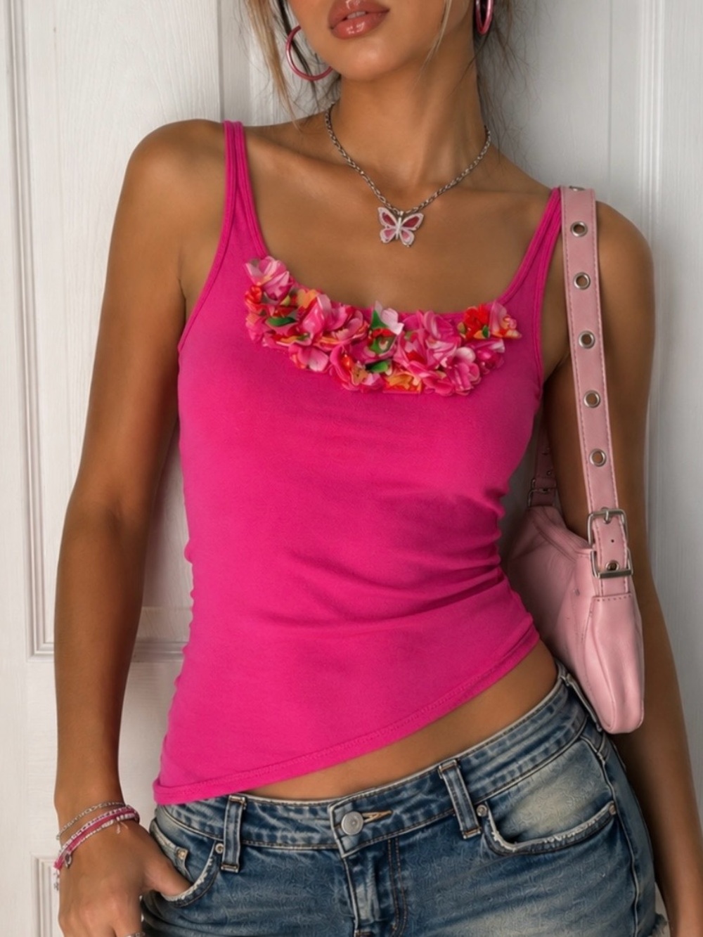 New York & Company Hot Pink Tank Top with Floral Trim